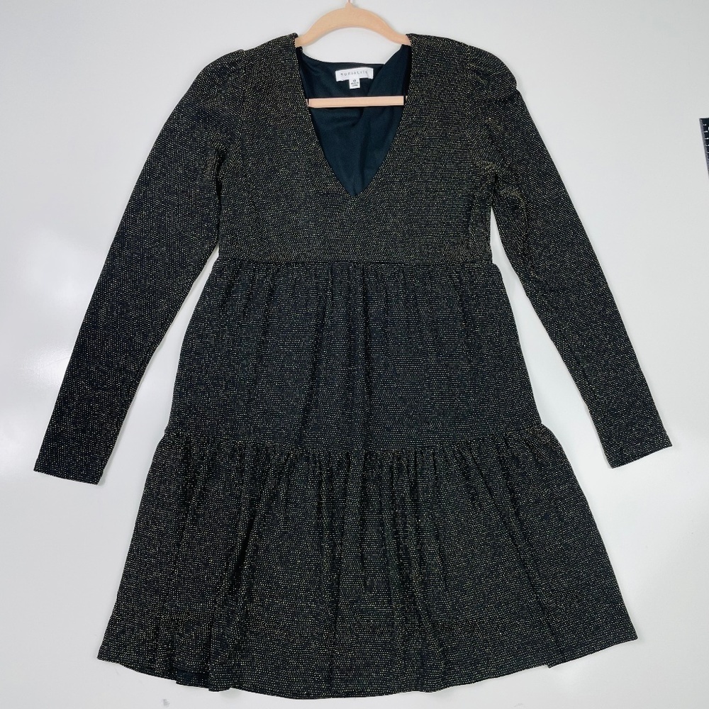 Socialite Metallic Long Sleeve‎ V-Neck Babydoll Mini Dress Size Large SX
